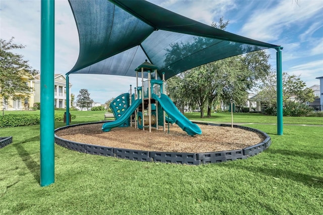 view of jungle gym with a yard