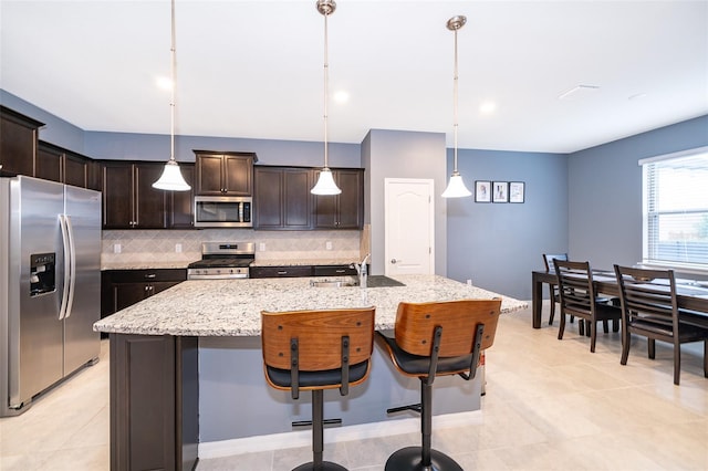 kitchen with dark brown cabinetry, tasteful backsplash, an island with sink, decorative light fixtures, and appliances with stainless steel finishes