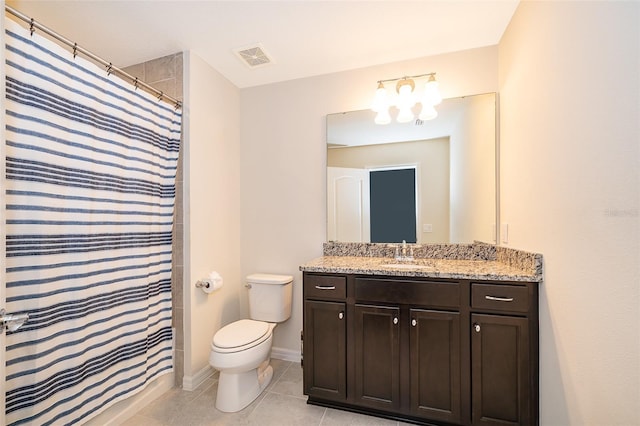 bathroom featuring tile patterned flooring, vanity, toilet, and a shower with shower curtain