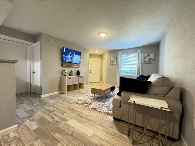 living room with a textured ceiling and wood-type flooring