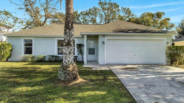 single story home with a garage and a front yard