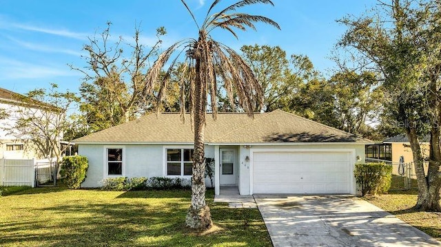 ranch-style home with a front yard and a garage