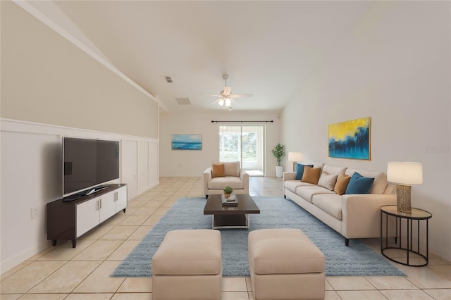 living room featuring ceiling fan and light tile patterned floors