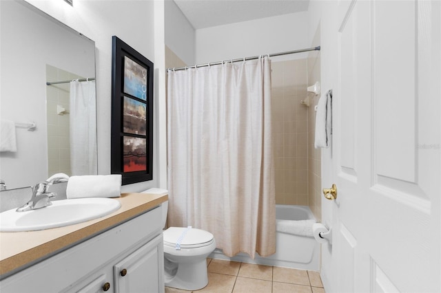 full bathroom featuring tile patterned flooring, vanity, shower / bath combination with curtain, and toilet