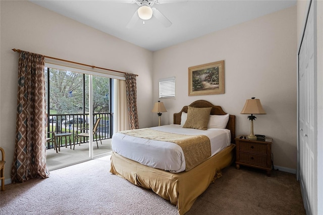 carpeted bedroom with ceiling fan, access to exterior, and a closet