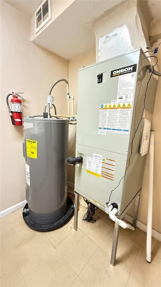 utility room with electric water heater and heating unit