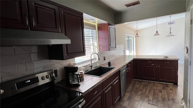 kitchen featuring electric stove, sink, decorative backsplash, and dishwasher