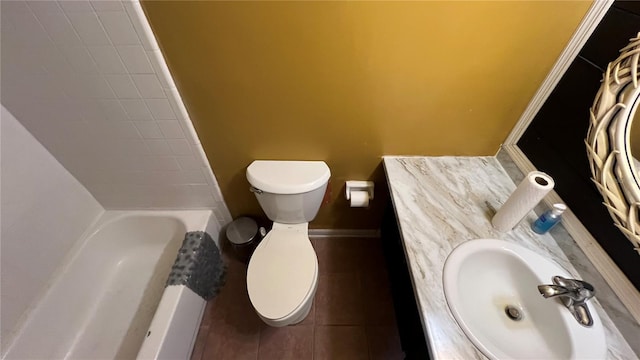 full bathroom featuring vanity, toilet, tile patterned flooring, and plus walk in shower