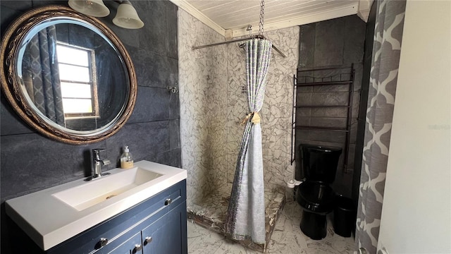 full bath featuring toilet, a shower with shower curtain, marble finish floor, and vanity