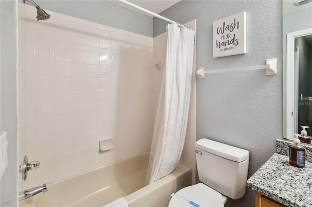 full bathroom with vanity, toilet, and shower / tub combo with curtain