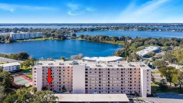 birds eye view of property featuring a water view