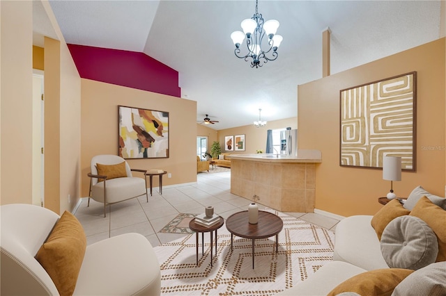 tiled living room with ceiling fan with notable chandelier and lofted ceiling