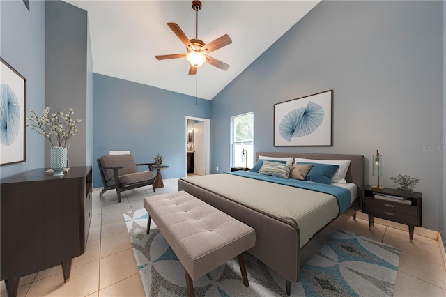 bedroom featuring light tile patterned flooring, high vaulted ceiling, ceiling fan, and connected bathroom