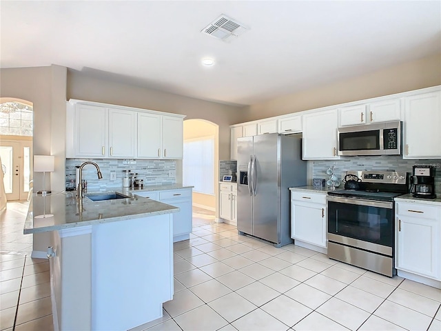 kitchen with white cabinets, stainless steel appliances, kitchen peninsula, and sink