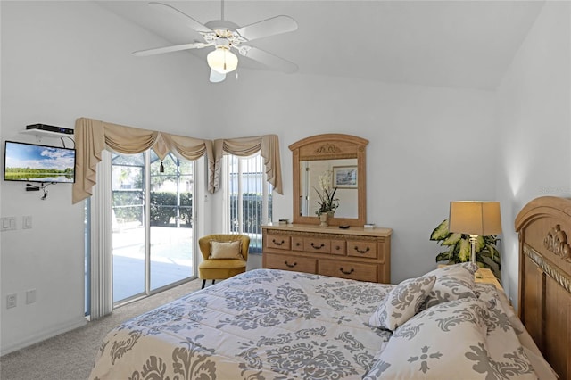 bedroom with ceiling fan, access to exterior, lofted ceiling, and light carpet