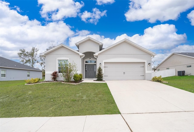 single story home with a front yard, a garage, and central AC unit