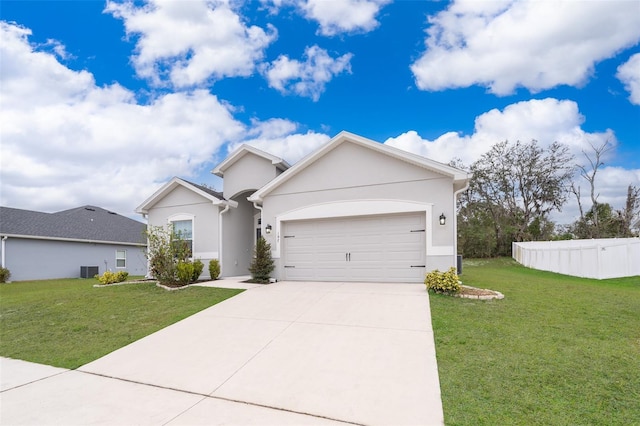 ranch-style house featuring a garage, central air condition unit, and a front yard