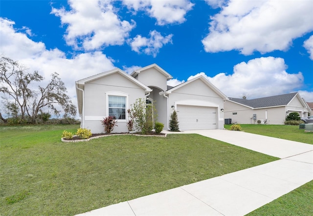 ranch-style home with a front yard and a garage