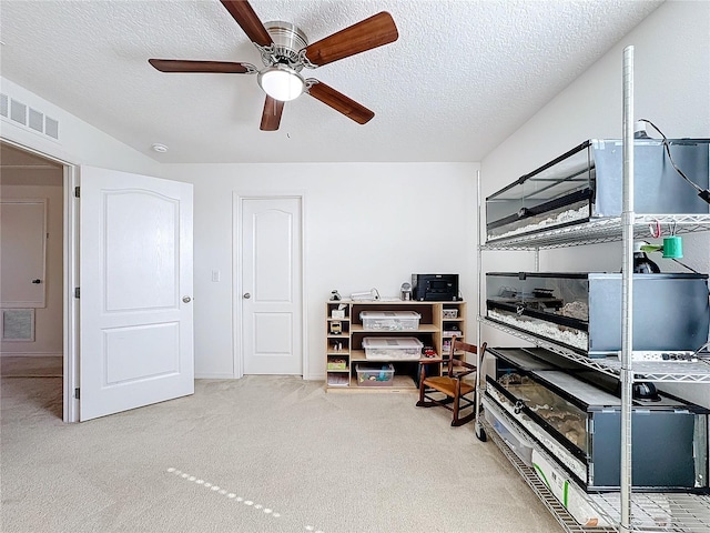 carpeted bedroom with ceiling fan and a textured ceiling