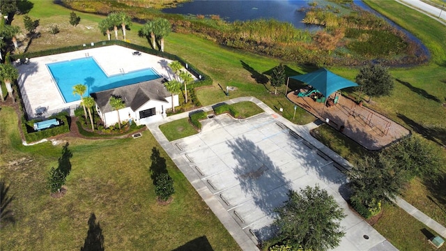 birds eye view of property featuring a water view