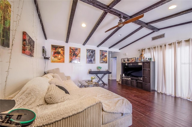 bedroom with dark hardwood / wood-style floors and lofted ceiling with beams