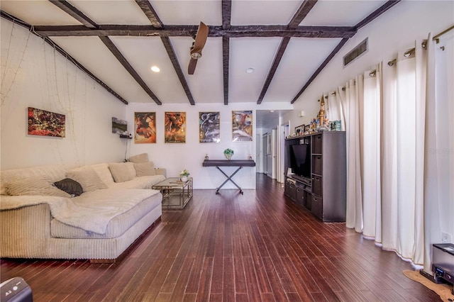 living room featuring hardwood / wood-style flooring, lofted ceiling with beams, and ceiling fan