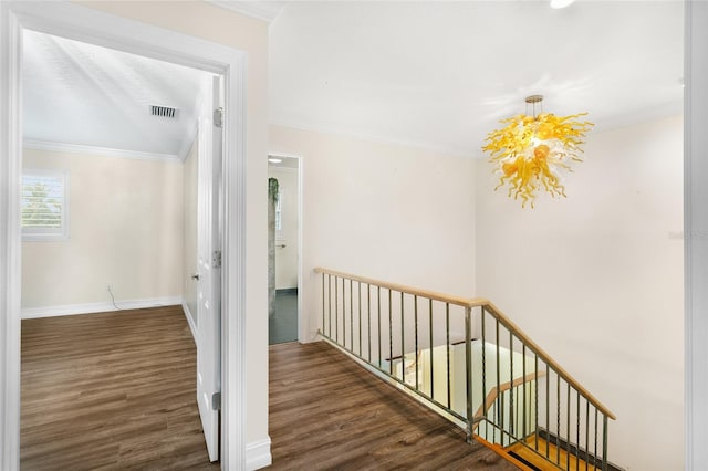 hallway with dark hardwood / wood-style flooring and crown molding