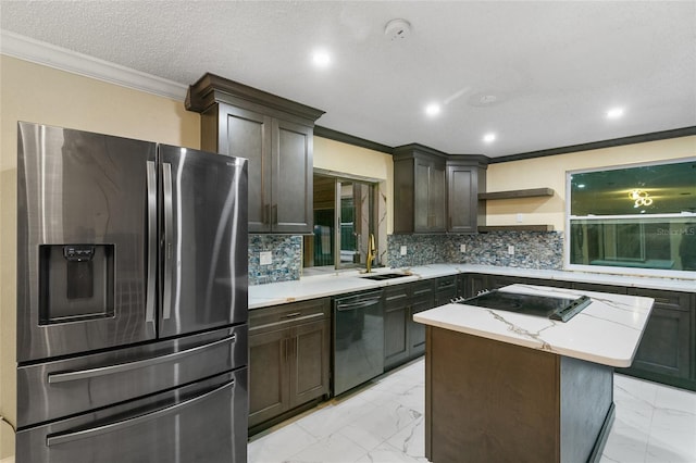 kitchen with stainless steel appliances, a kitchen island, sink, and backsplash