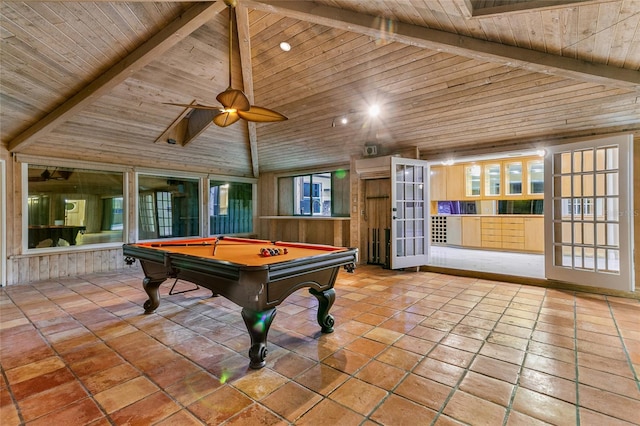 playroom with ceiling fan, high vaulted ceiling, pool table, wooden ceiling, and french doors