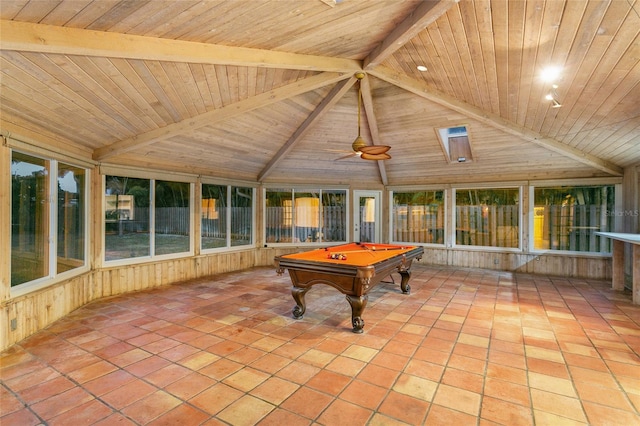 playroom with wood ceiling, pool table, ceiling fan, and lofted ceiling with beams