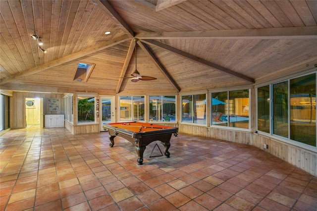 rec room featuring beam ceiling, wood ceiling, pool table, and ceiling fan