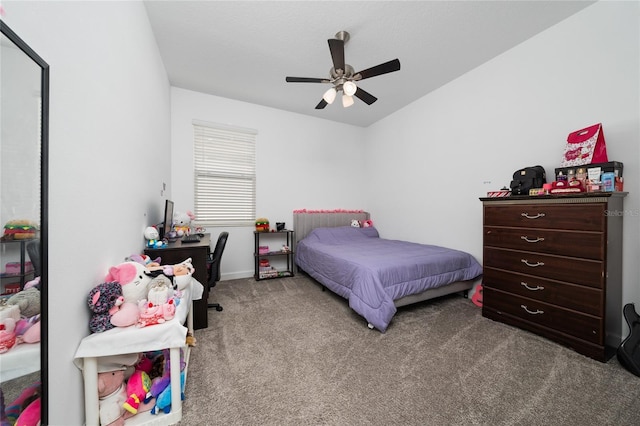 bedroom featuring ceiling fan, lofted ceiling, and light carpet