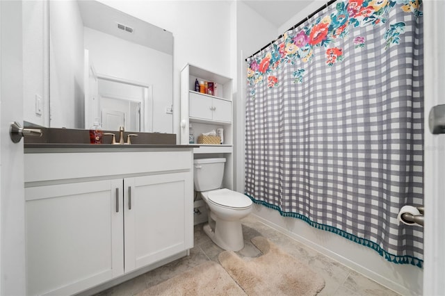 full bathroom featuring shower / bath combination with curtain, toilet, and vanity