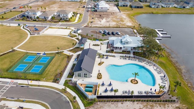 aerial view featuring a water view