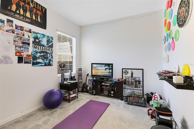 exercise area featuring light colored carpet