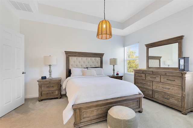 carpeted bedroom featuring a raised ceiling