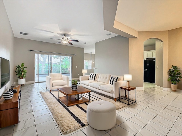 living room featuring ceiling fan