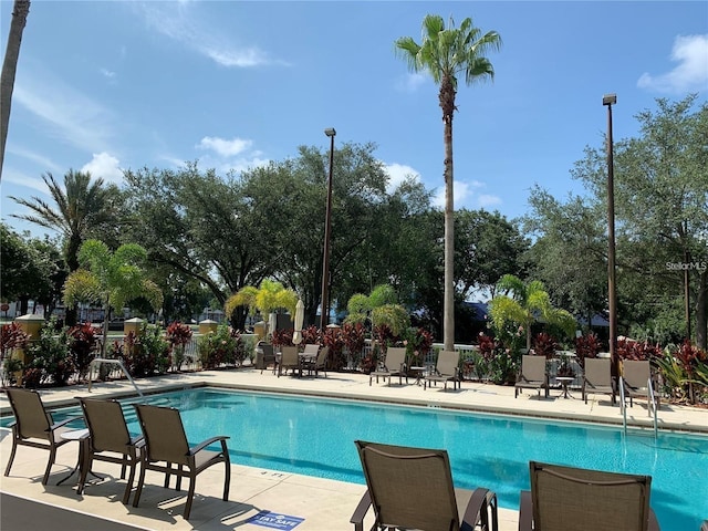 view of swimming pool with a patio area