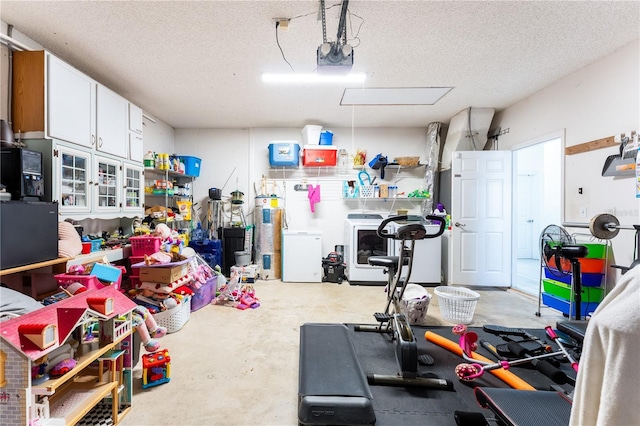 garage with electric water heater, a garage door opener, and fridge