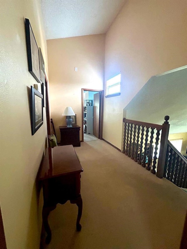 hall featuring light carpet and a textured ceiling