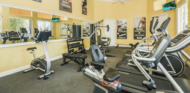 workout area featuring ceiling fan