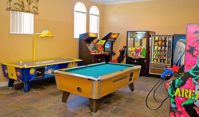 rec room with crown molding and billiards