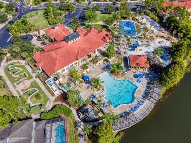 bird's eye view with a water view