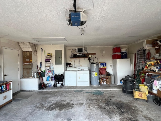 garage featuring a garage door opener, electric panel, washing machine and dryer, water heater, and white fridge