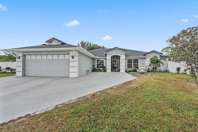 ranch-style home featuring stucco siding, concrete driveway, fence, a garage, and a front lawn