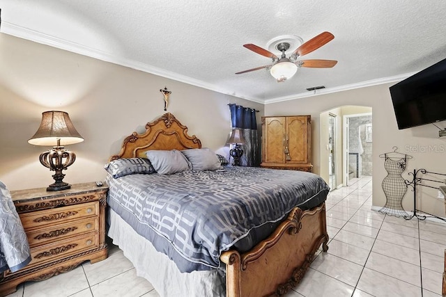 bedroom featuring arched walkways, crown molding, visible vents, light tile patterned flooring, and a textured ceiling