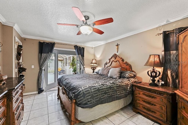 bedroom featuring a textured ceiling, ceiling fan, light tile patterned flooring, access to outside, and ornamental molding