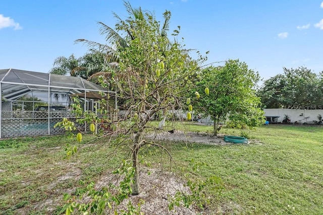 view of yard featuring glass enclosure and fence