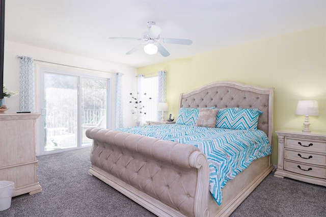 bedroom featuring access to exterior, ceiling fan, and dark colored carpet