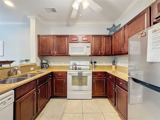 kitchen with ceiling fan, sink, crown molding, white appliances, and light tile patterned floors